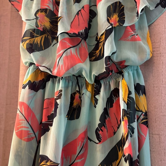 Express Teal Tropical print Off-Shoulder High Low Fit Flare Lined Dress Size S - Picture 5 of 10